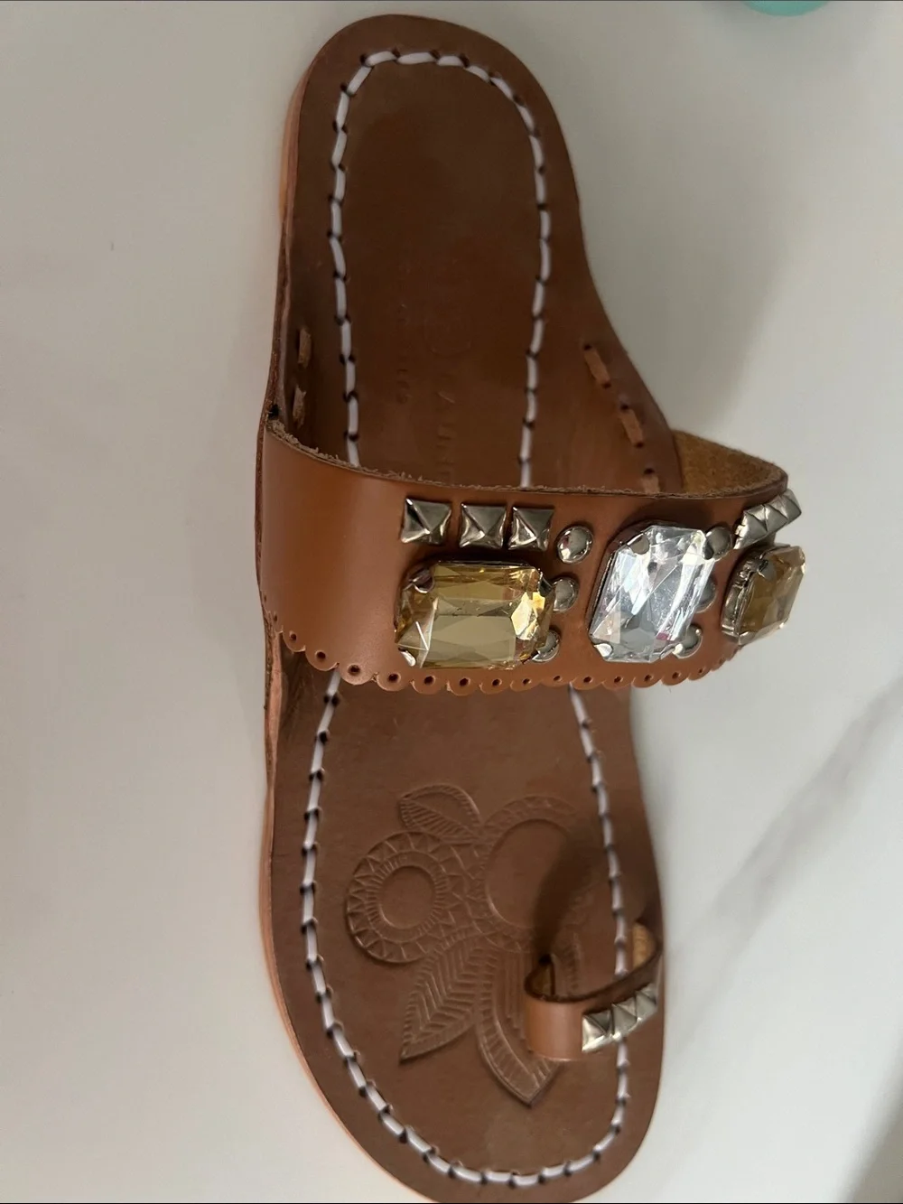 B#103-Jewel-Embellished Brown Toe-Ring Sandals